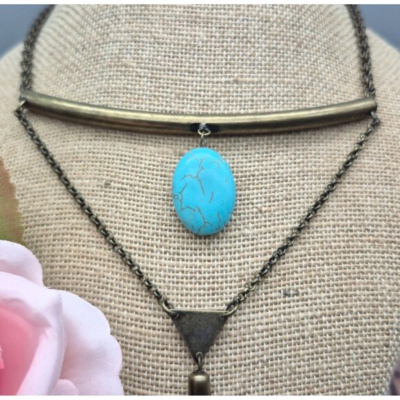 Dark Brushed Gold Tone Statement Collar Necklace Drop Faux Turquoise Western - Picture 4 of 8